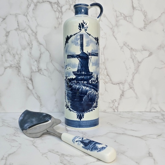Bols Other - Vintage Bols Delft Blue Handpainted Decanter & Cheese Plane Set Windmill Holland